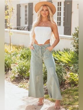 POL Light Blue Distressed Wide-Leg Corduroy Pants